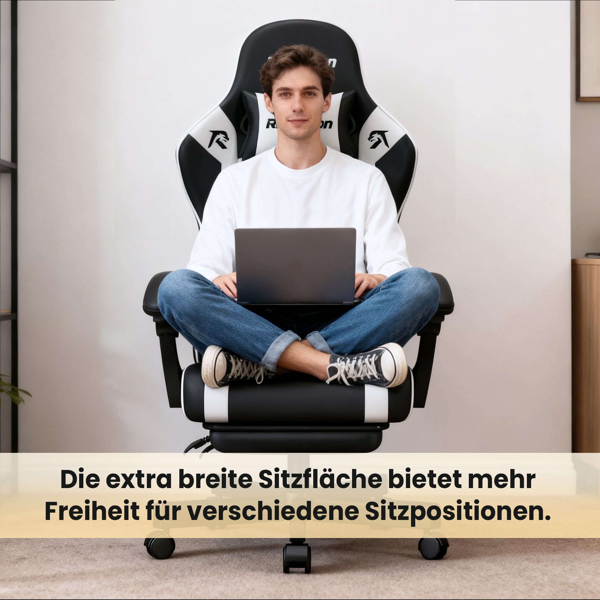 Gaming Stuhl – Ergonomischer Gamer Sessel mit Fußstütze, Kopfstütze und Lordosenstütze, höhenverstellbar, gepolstert, Tragkraft 150 kg, Schwarz