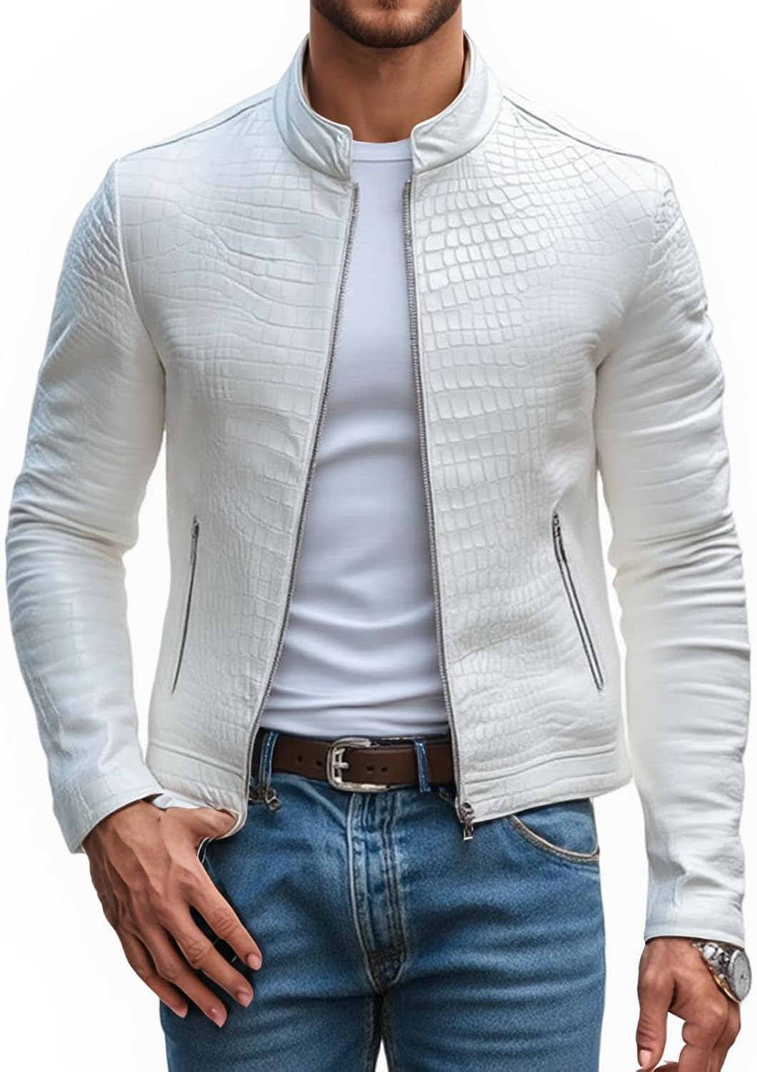 Men's Stone Pattern Leather Jacket,Slim Fit Fashion Moto Coat with Stand Collar,Zipper, Stylish,Semi-Formal