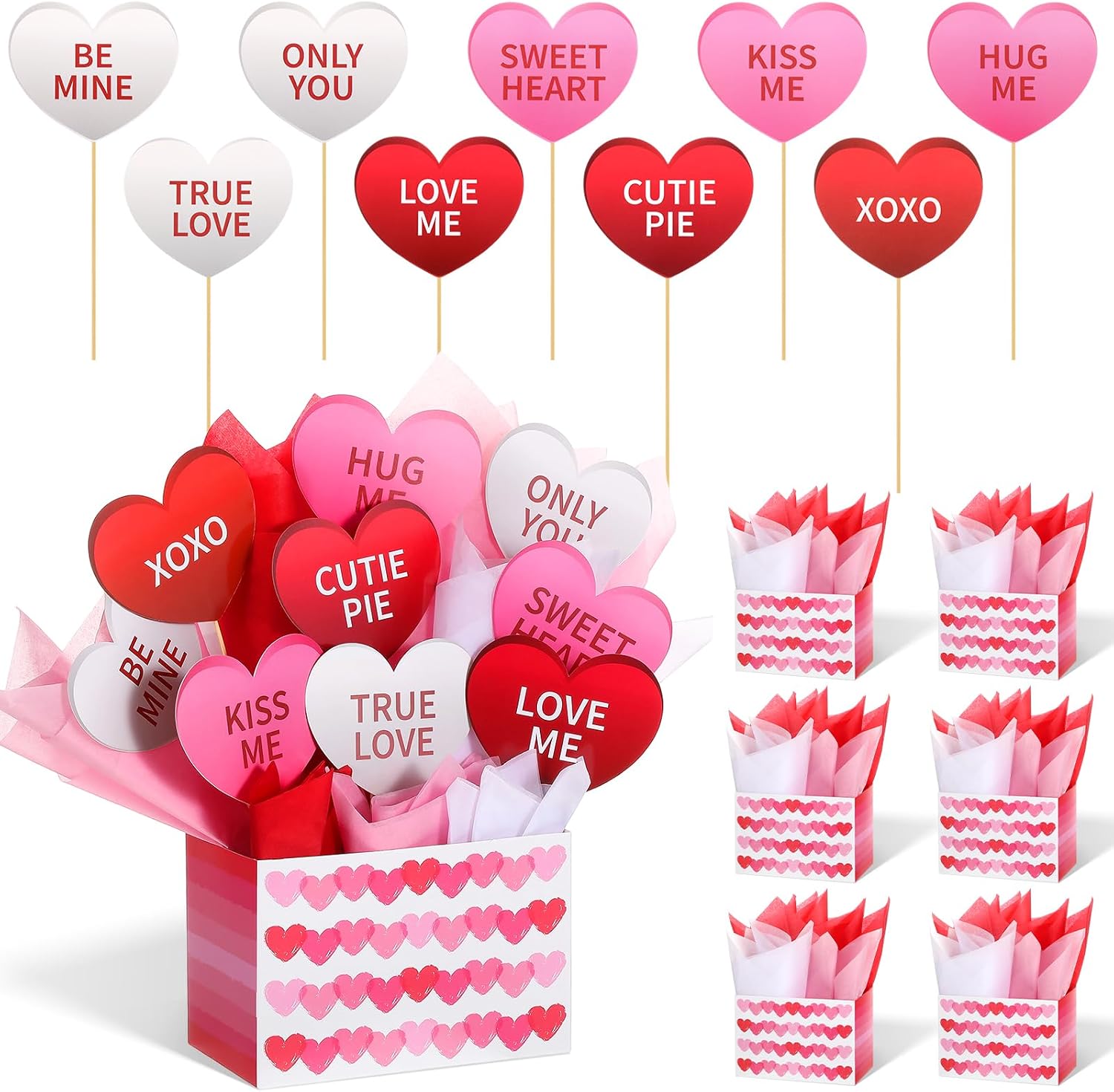Fuutreo 60 Pcs Valentines Table Centerpieces Decorations Heart Conversation Cutouts with Paper Box Tissue Paper for Valentine's Day Party Birthday Anniversary Proposal Decor Office Home(Red)