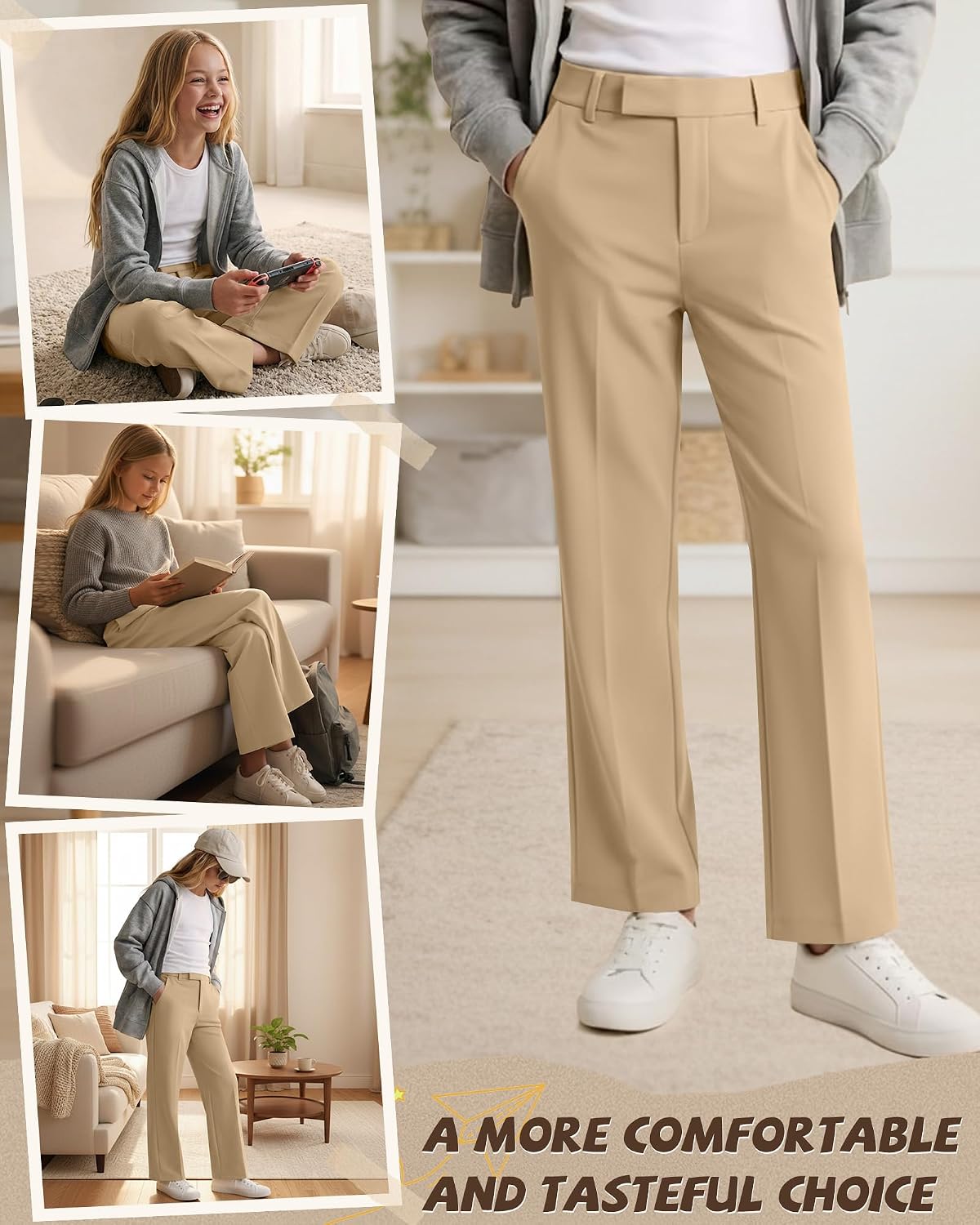 Girls School Uniform Pants Teen Dress, Khaki, 5-6 Years
