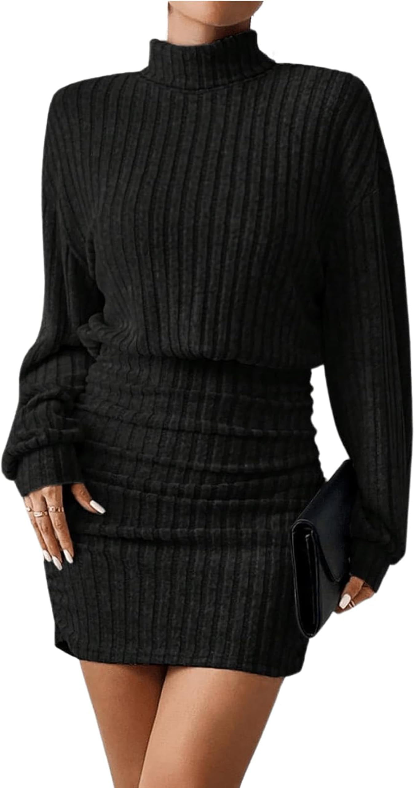 TrendiMax Robe en Tricot pour Femme col Montant Manches Longues Courte pour fête Club Automne Pull serré Robes d'hiver Dress Casual