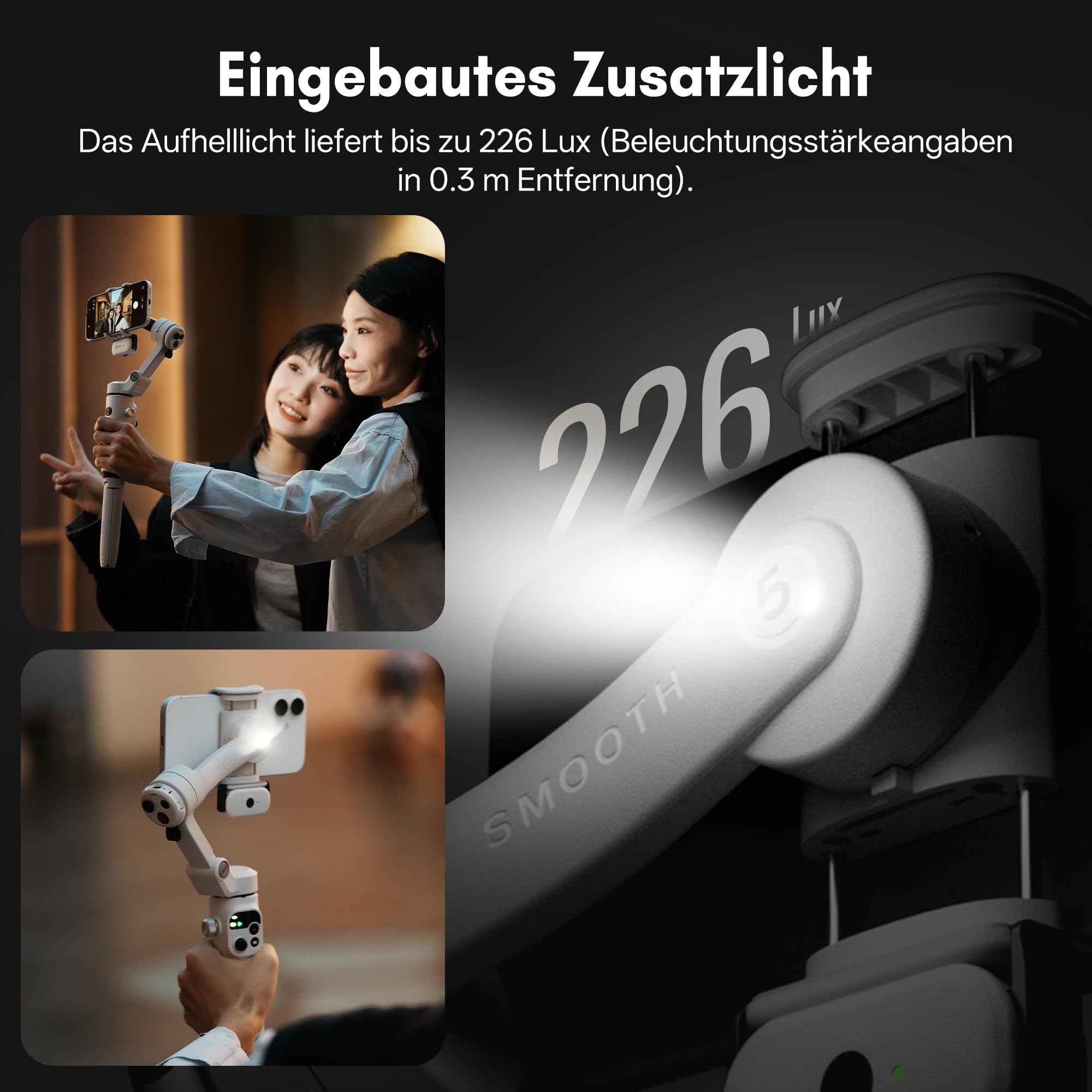 ZHIYUN Smooth Q5 Ultra [Offiziell] Gimbal-Stabilisator für Smartphone, Integriertes Aufhelllicht/Verlängerungsstange/Stativ, 13.5H Akkulaufzeit, Tragbar und Faltbar,3-Achsen-Gimbal für YouTube, TikTok