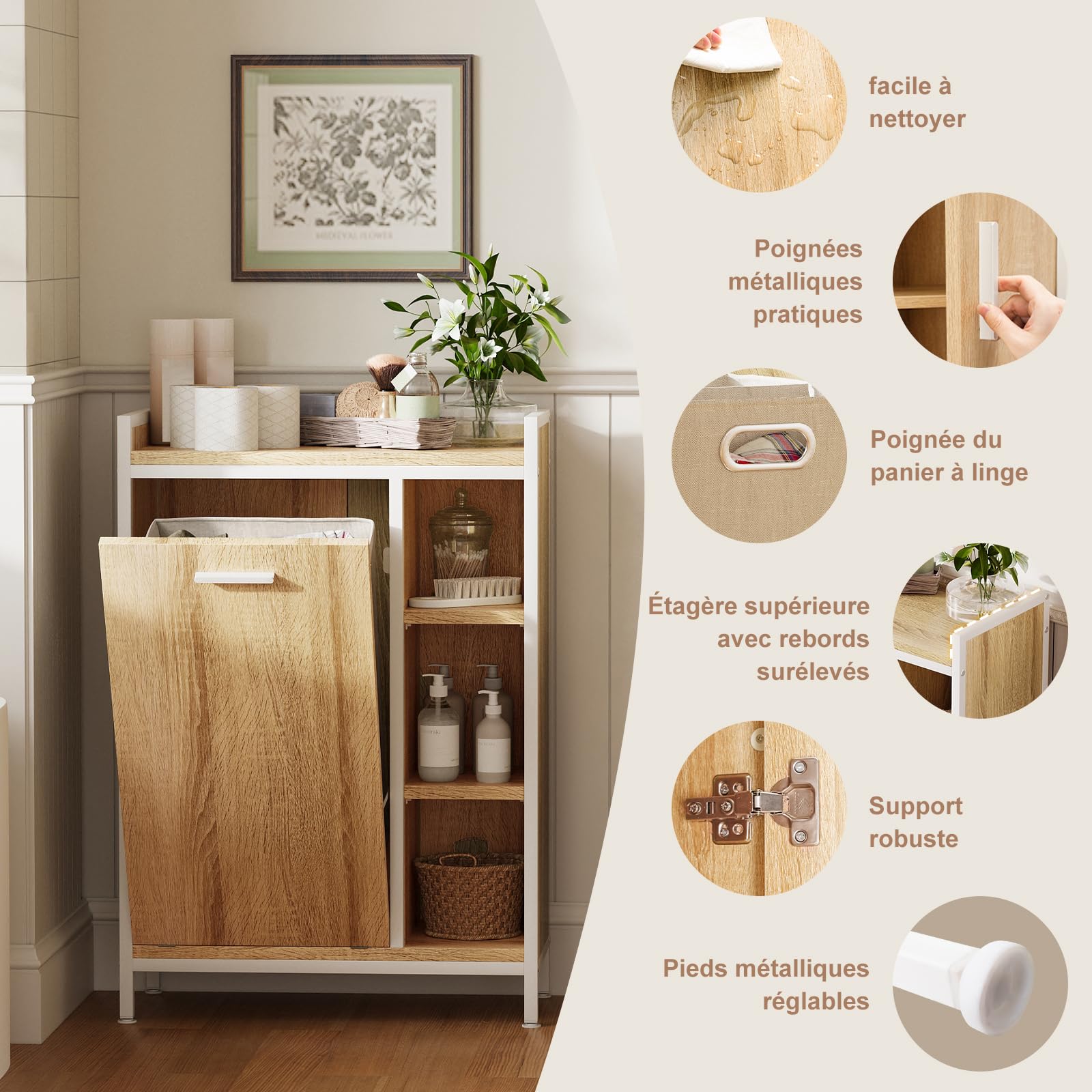 ELUCHANG Meuble de Salle de Bain, Panier à Linge 50L, Placard de Rangement, 2 en 1,avec Sac Intérieur Amovible,Étagère Réglable,pour Salle de Bain, Buanderie,63 x 30 x 91cm,Chêne Clair+Blanc