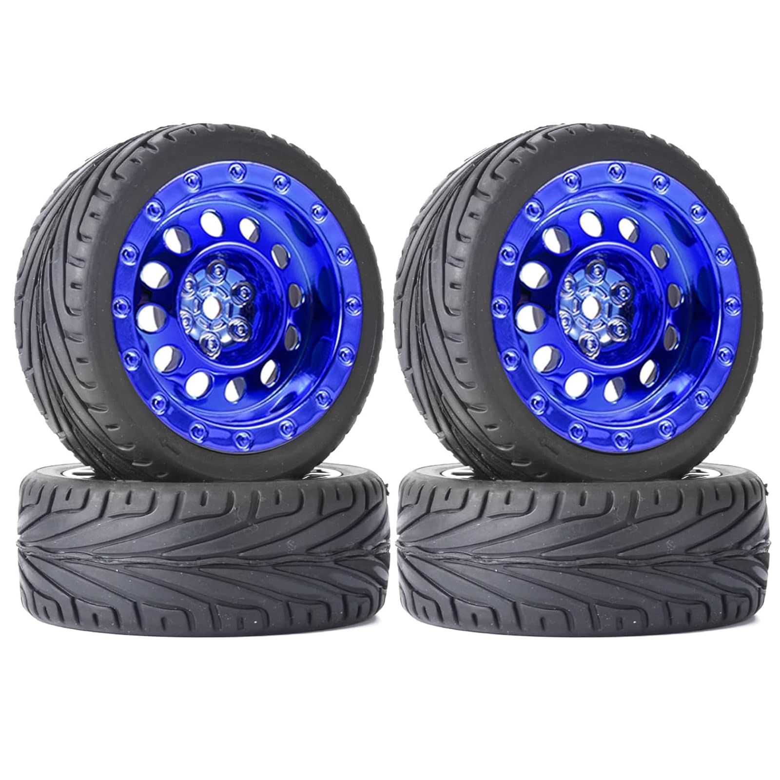 RC Auto Reifen und Räder Set,KINGCOO 4Stück 65mm Gummireifen und Kunststoff Vintage Räder Felgen 12mm Hex für 1/10 RC On-Road Touring Racing Auto für HSP HPI Kyosho Tamiya (Blau)