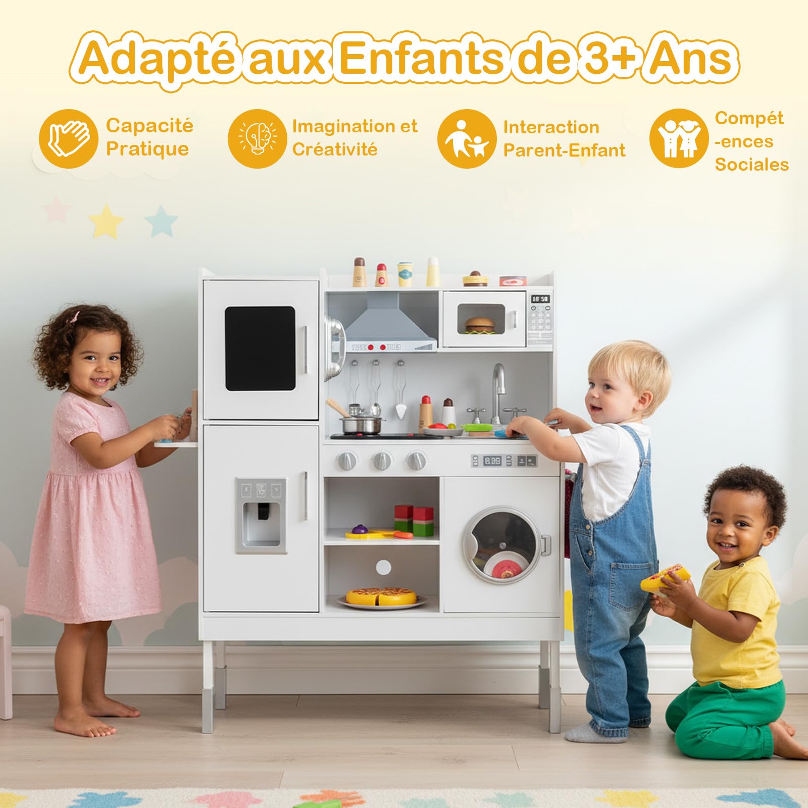 GOPLUS Cuisine Enfant, Jouet Cuisine avec Effets Lumineux et Sonores, Dinettes Réglable en Hauteur avec 16 Accessoires, Hotte, Machine à Glaçons, Téléphone, Idéal pour 3+ Ans (83x29x103cm,Blanc)