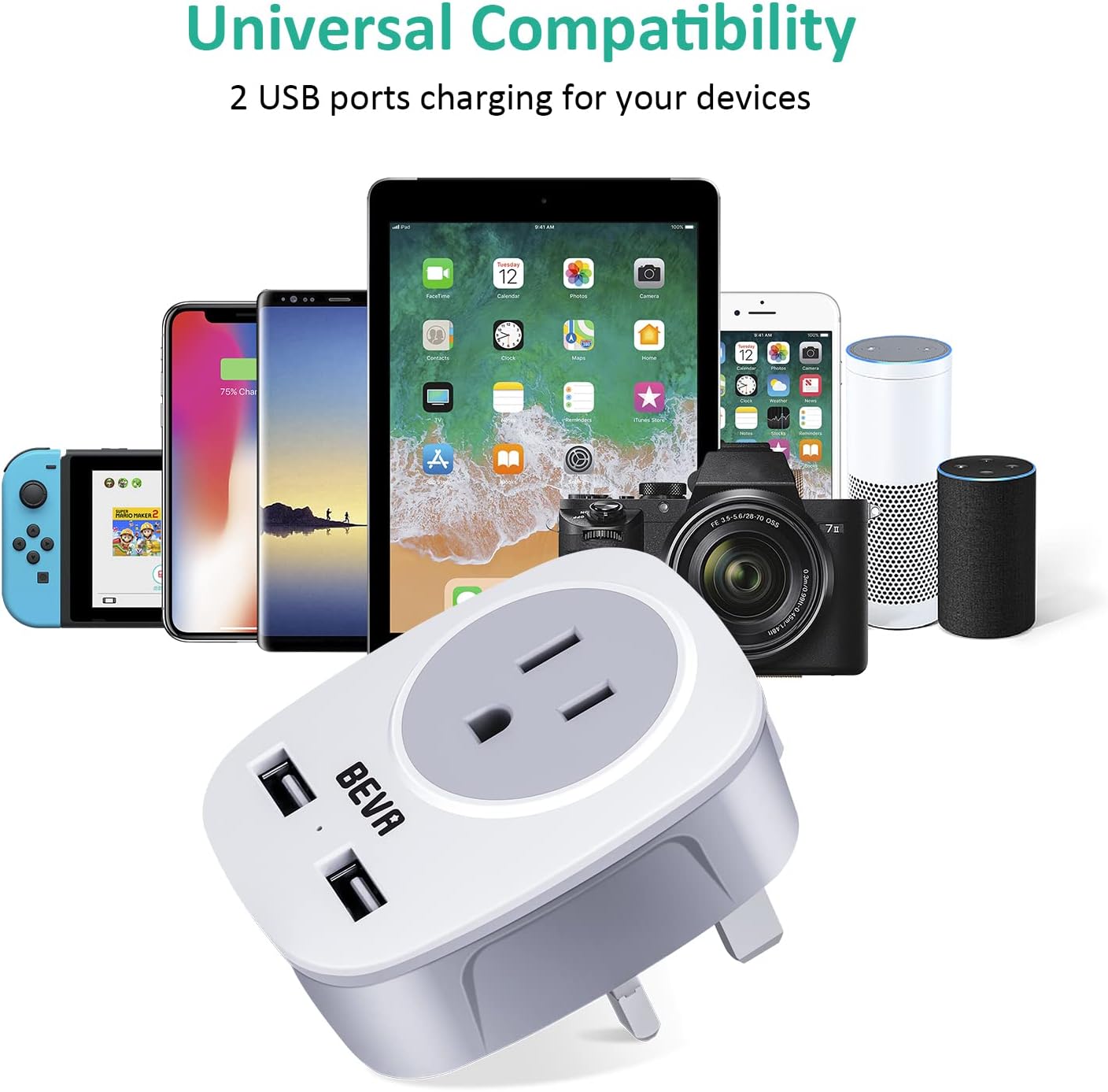US to UK Plug Adapter, BEVA 2/3 Pin USA to 3 Pin UK Travel Adaptor with 2 USB Slots - Image 5
