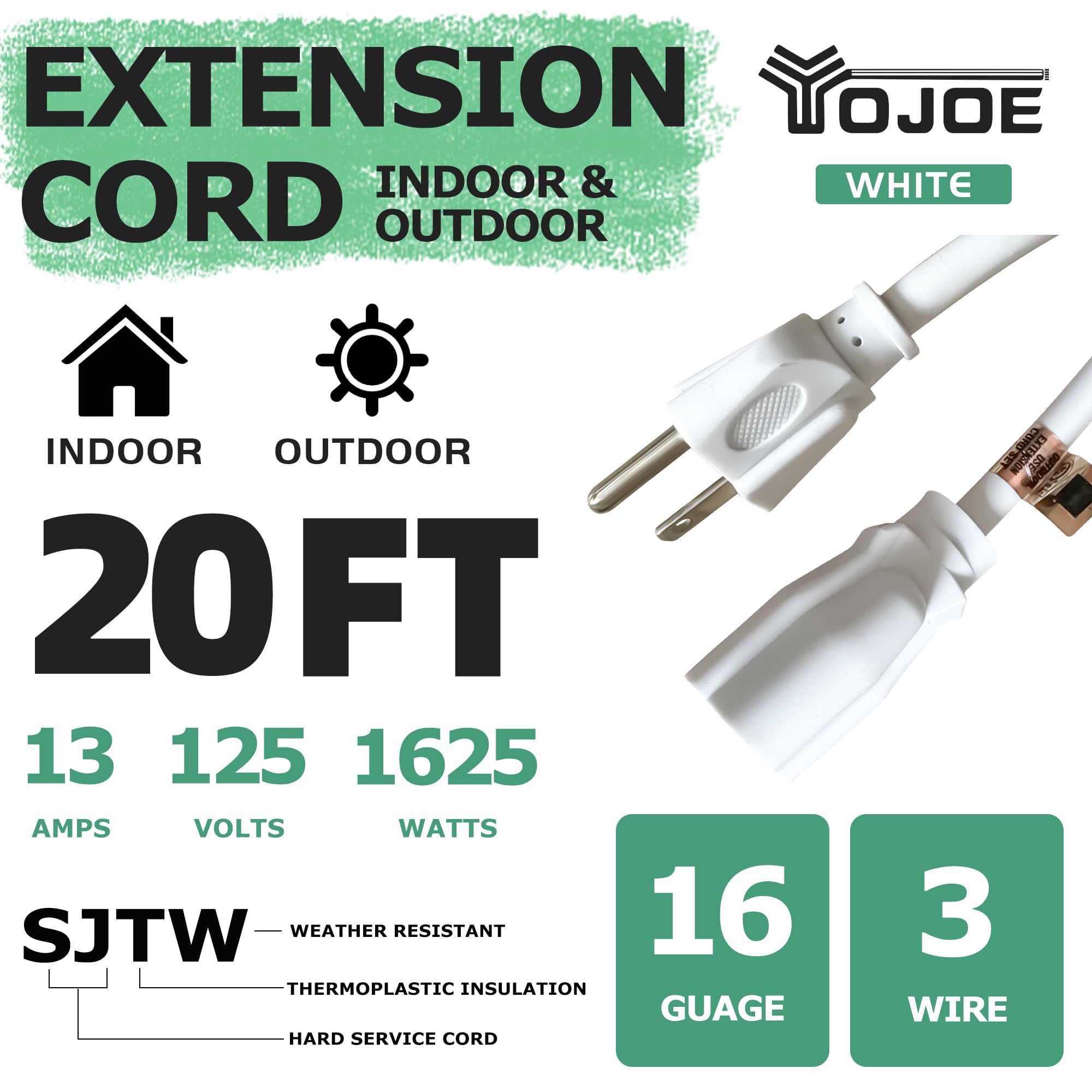 YOJOE Cavo di prolunga da esterno bianco da 20 piedi SJTW 16/3 impermeabile con spina di terra a 3 poli, prolunga da 16 gauge per giardino, prato,