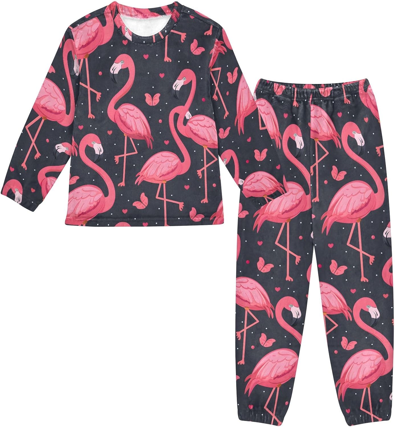 Kids Flannel Sets Flamingo Black Pattern Warm Plush Relaxed Clothing for Boys and Girls