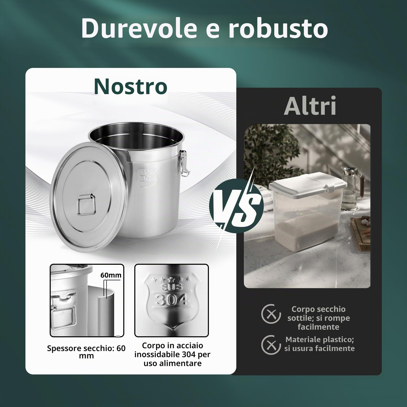 contenitore ermetico in acciaio inox 6/12/21/33 l, per cereali e conservazione alimenti in cucina