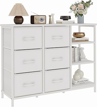 Feonase 6 Drawer Chest of Drawers With Open Storage Unit, Modern Style Fabric Chest of Drawers Furniture,100x30x76cm White