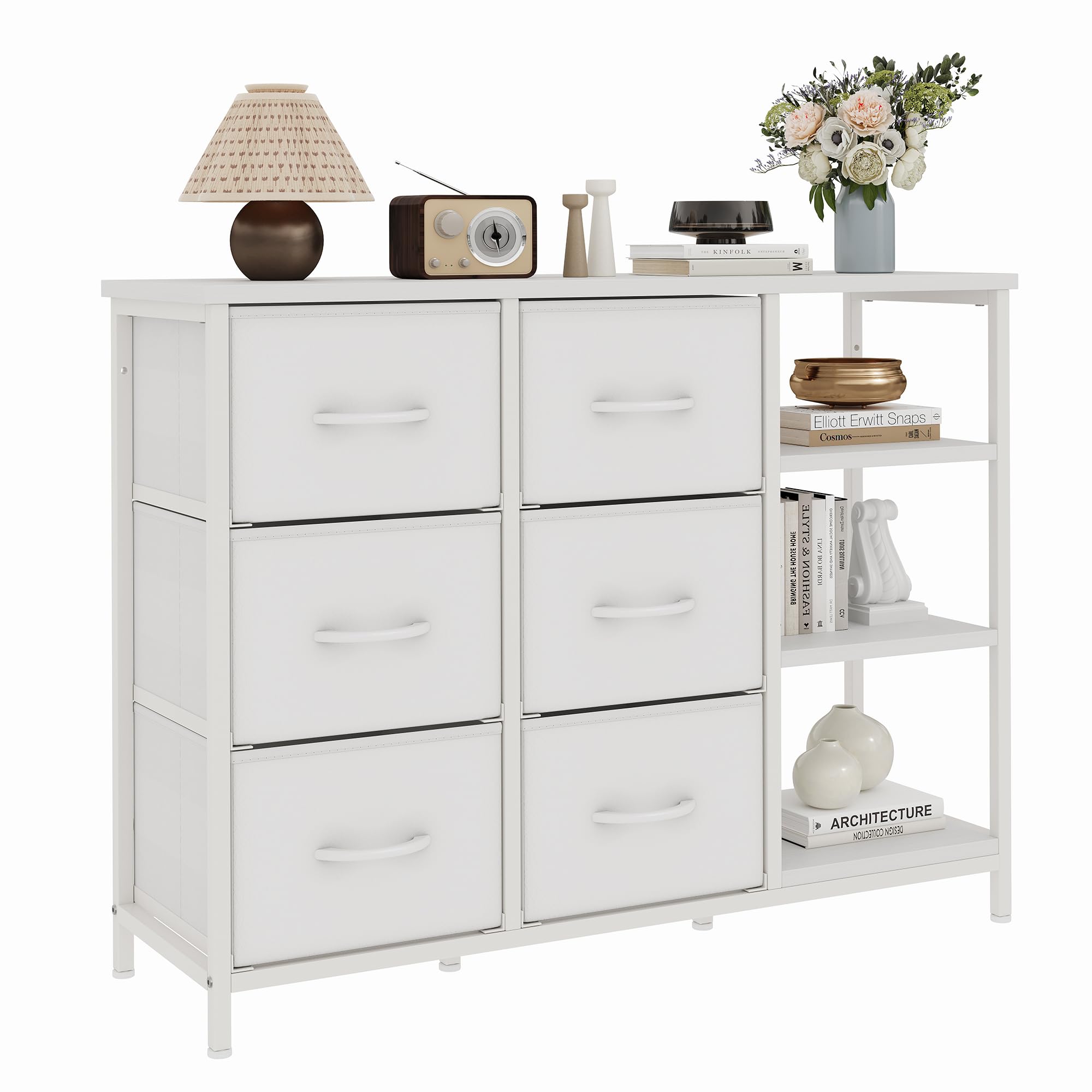 Feonase Commode à 6 tiroirs avec meuble de rangement ouvert, en tissu de style moderne, 100 x 30 x 76 cm, blanc