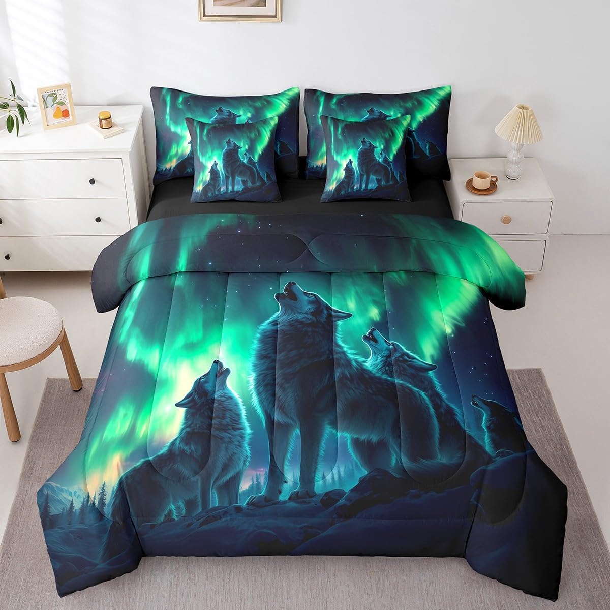 Erosebridal Wolf Bedding Twin Size 7pcs Bed in a Bag, Roaring Wolves Wildlife Soft Kids Boys Comforter Set, Aurora Animals Galaxy Printed Bedding Comforter Sets, Black Green Mountains Bed Sheets Set
