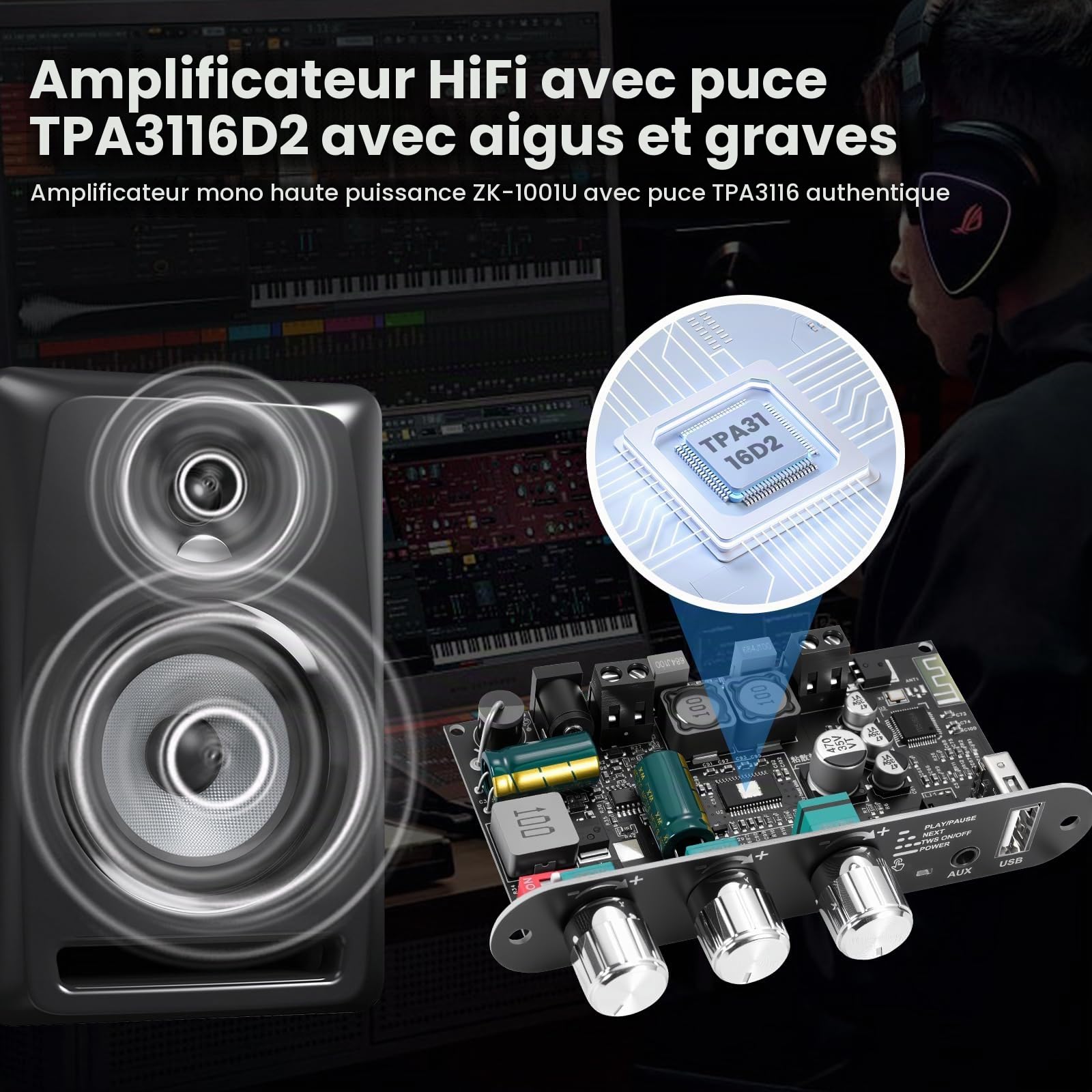 ZK-1001U Amplificateur audio mono Bluetooth 5.3 avec stéréo Hi-Fi, technologie TWS et circuit Boost – 100 W de puissance de sortie – Mini-amplificateur pour enceintes DIY d'intérieur et d'extérieur –