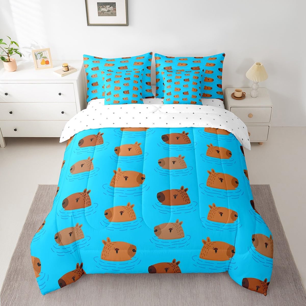 Erosebridal Cute Capybaras 7 Piece Bed in a Bag Queen,Funny Capybara in The Water Comforter Set,Cute Capybara Rodent Animals Bed Sheets for Capybara Animals Lovers,Natural Brown Blue Bedding Set