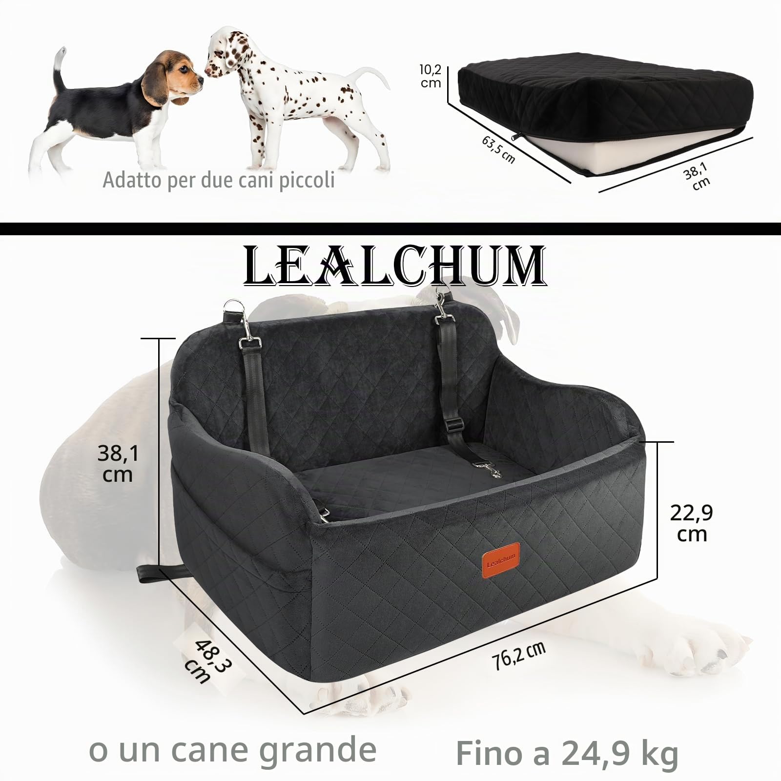 Seggiolino auto Lealchum per cani media/grande, 2 guinzagli sicurezza, 2 cani piccoli, rimovibile e lavabile
