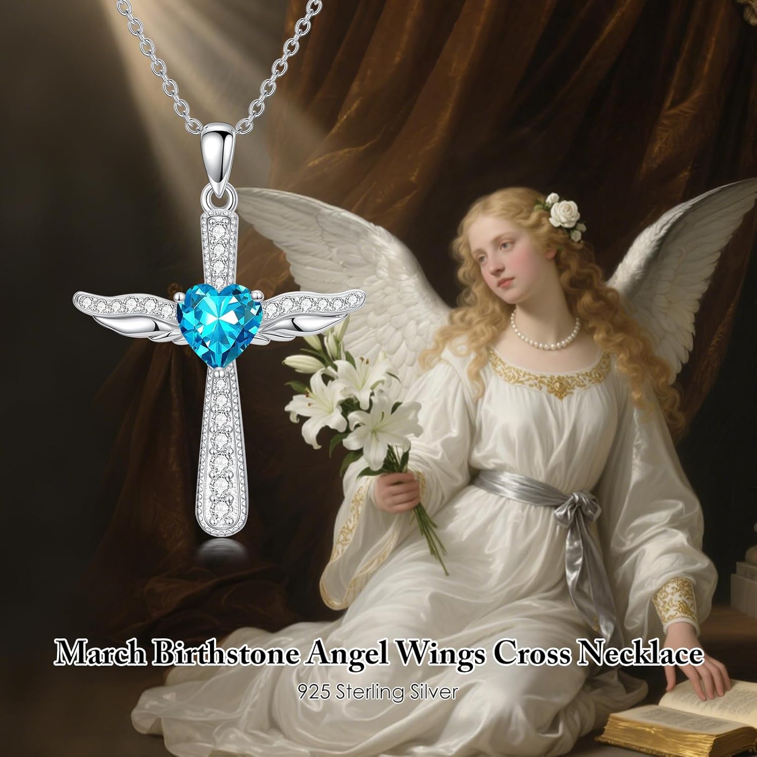 Cross Necklaces for Women 925 Sterling Silver Angel Wings Crucifix Pendant Birthstone Cross Jewelry for Women