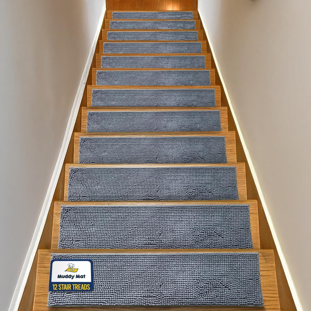 Muddy Mat® Pack of 12 - Soft Chenille Stair Treads Non-Slip Reusable, Super Absorbent Stair Treads for Wooden Steps, Tile & Marble Floor, Easy to Install & Machine Washable - Grey 30'' x 7''