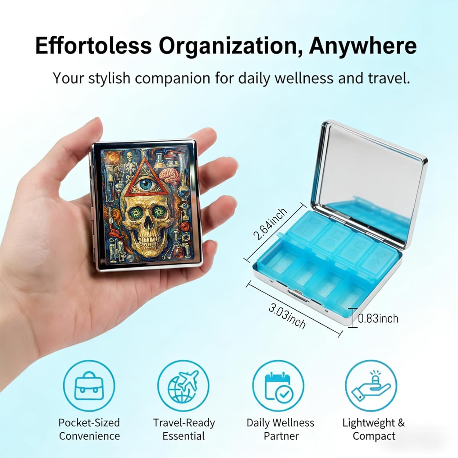 Metal 7 Day Pill Organizer, Weekly Pill Case 8 Compartments, Travel Pill Box for Purse & Pocket, Small Medicine & Vitamin Organizer, PP Dividers, Secure Clasp (Skull)