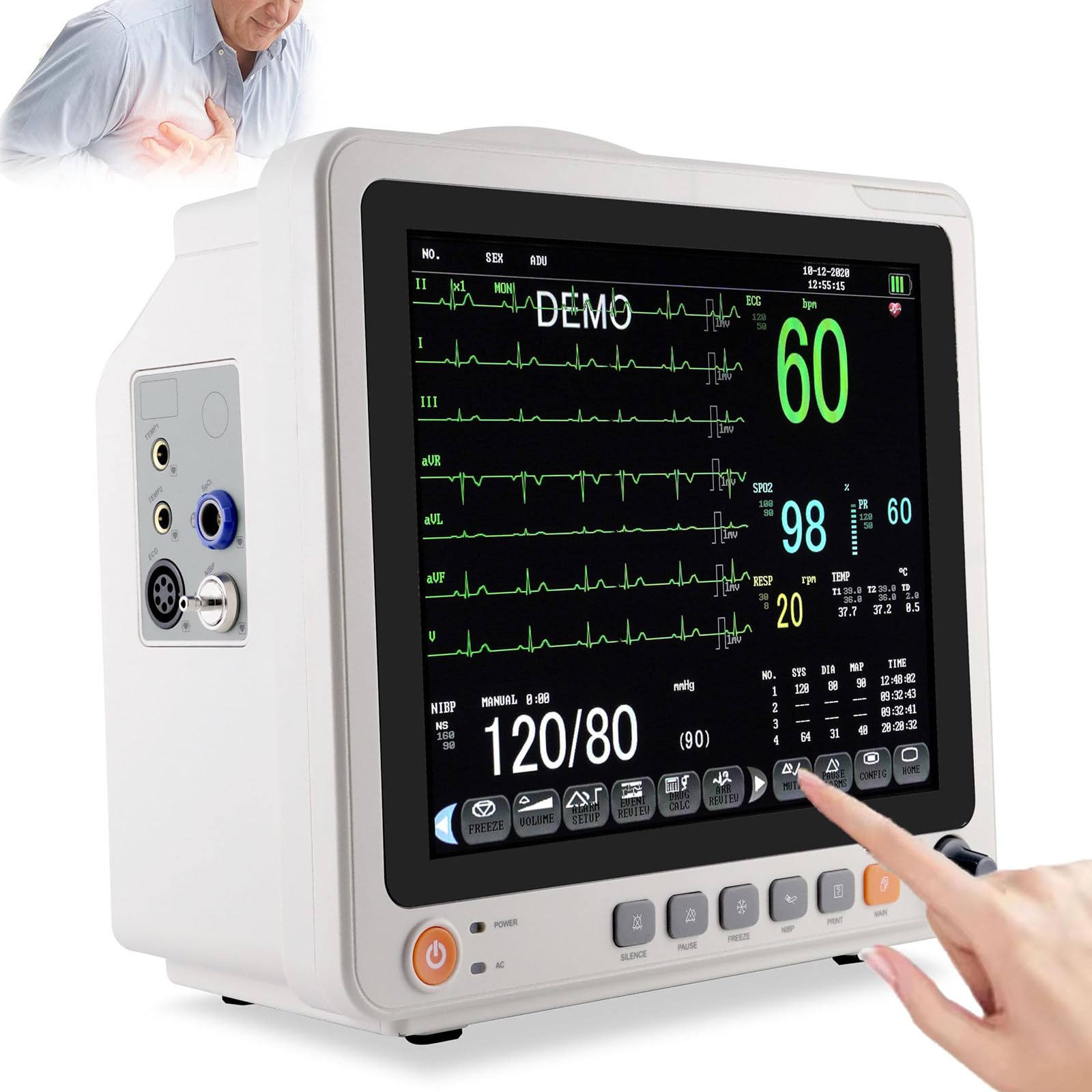 Monitor De Signos Vitales para Pacientes, Monitor De ECG De 5 Derivaciones, con Pantalla Táctil De 12″, Monitorea ECG, Frecuencia Cardíaca, Pulso, Spo2, Respiración Y Temperatura Corporal.
