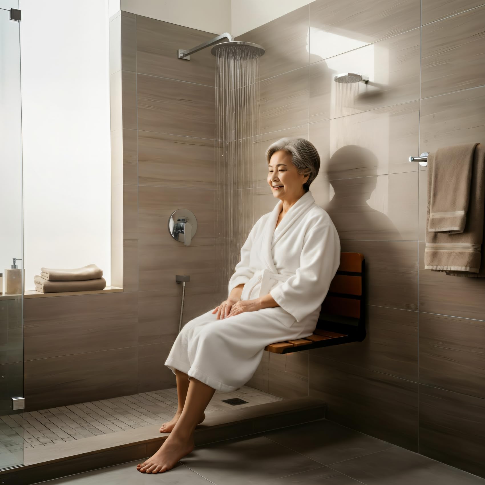 Asiento de ducha plegable de teca de 18 pulgadas, montado en la pared, acero inoxidable | Asientos de ducha Cuidado cuidadoso para tu familia