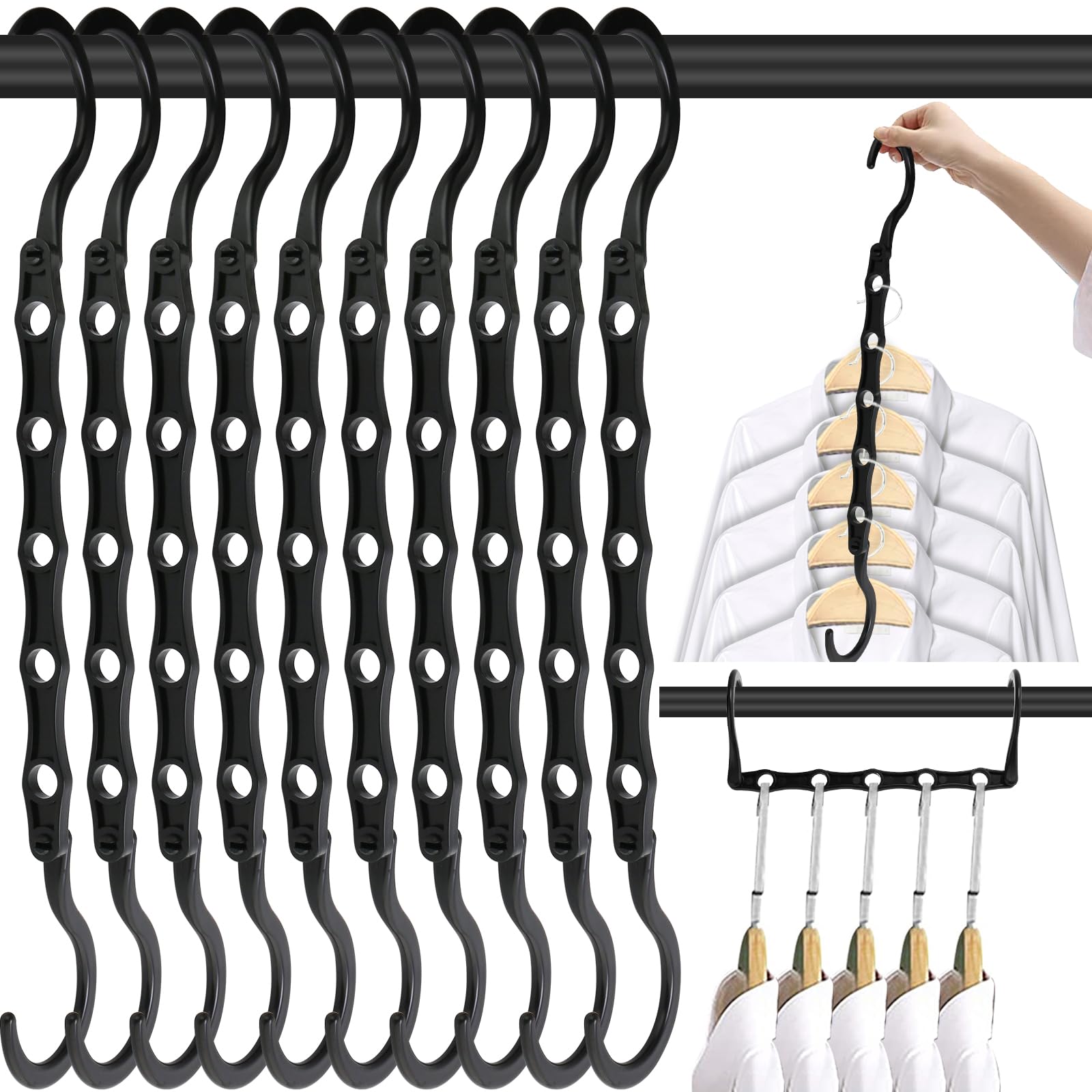 DUCOO Space Saving Hangers 10 Pack, Heavy Duty Magic Cascading Hanger Organizer with 5 Enclosed Anti-Slip Holes, Closet Organizers and Storage for Clothes, College Dorm Room Essentials, Black