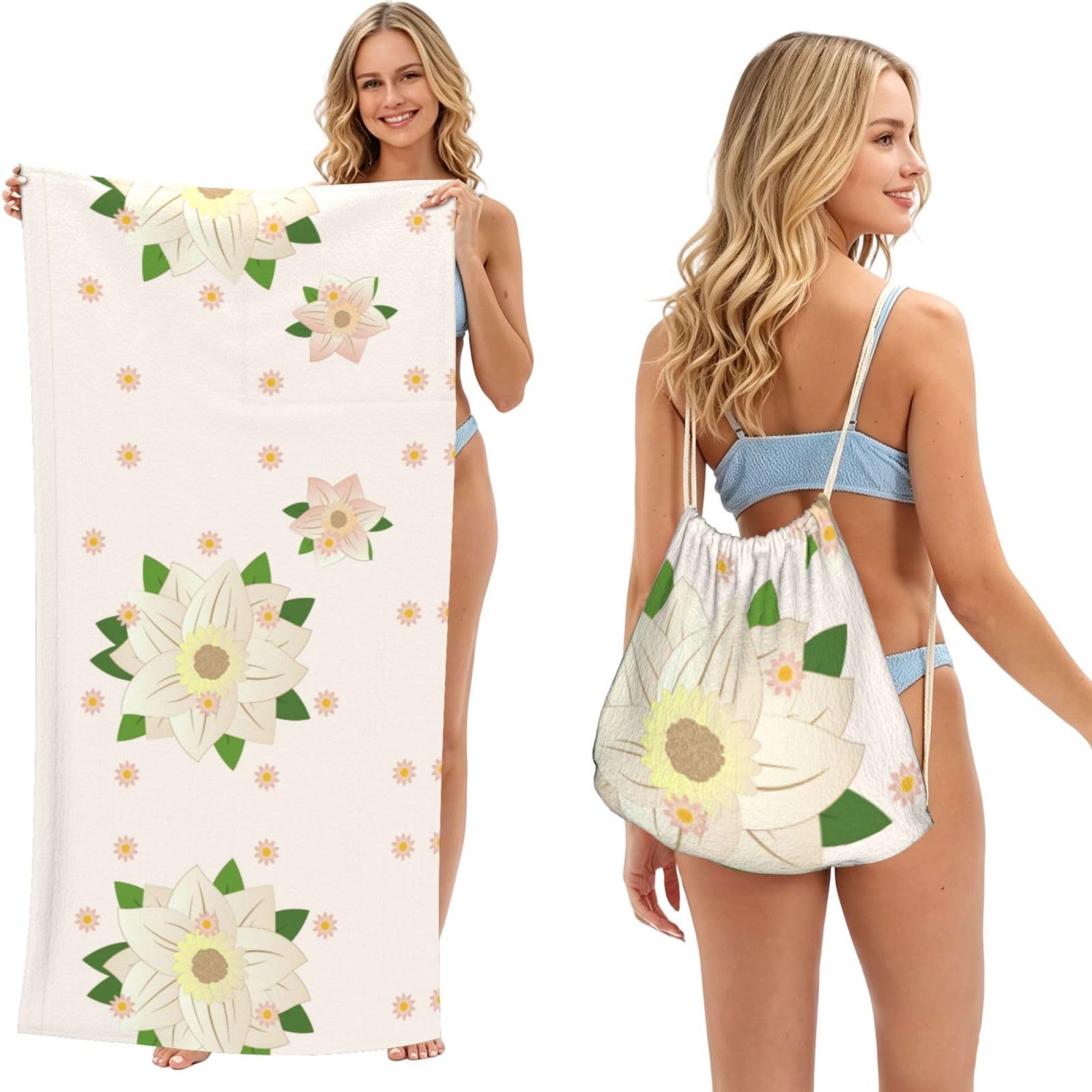 SXZVVBN Blooming Hexagonal White 2-in-1 Beach Towel Bag, Quick Dry Sand Free Travel Towel Backpack for Adults