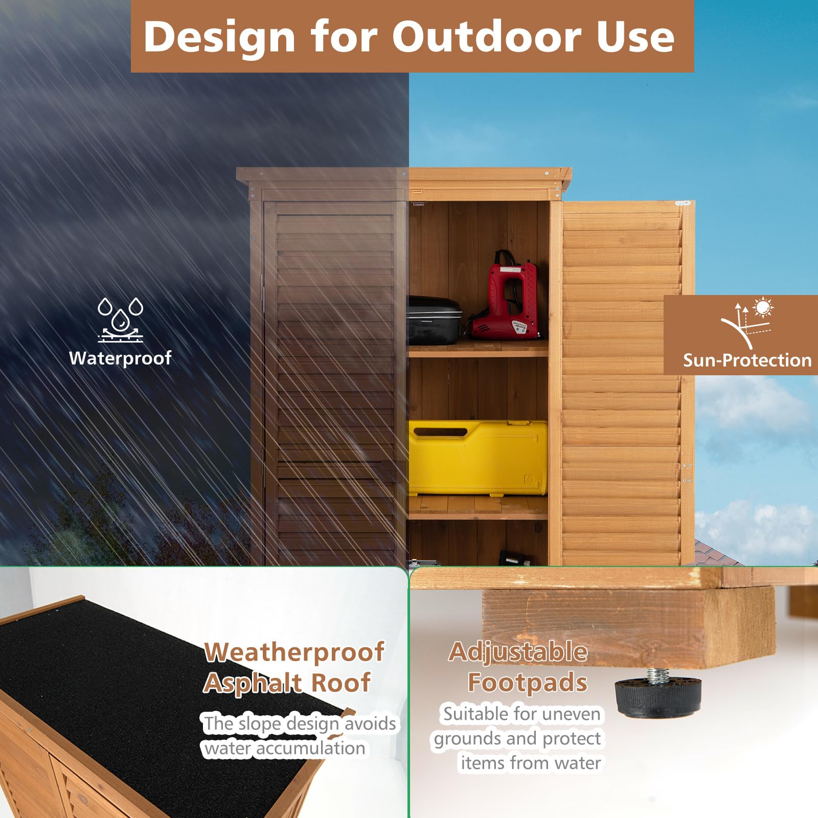 HOMASIS Gartenschrank Holz, Gerätehaus Wetterfest Outdoor, 87x47x160cm, Gartenhaus mit 2 verstellbaren Regalen, Geräteschuppen mit Asphaltdach, Geräteschrank Gartenschuppen Holzschuppen, Natur