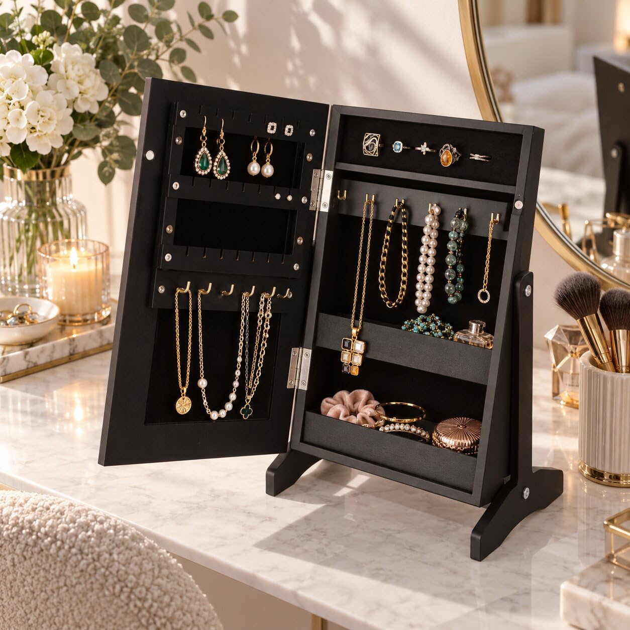 KADAX Boîte à bijoux avec miroir, 21 x 15 x 30,5 cm, boîte en panneau MDF, boîte à bijoux avec pieds, étui à bijoux pour chaînes, bagues (noir)