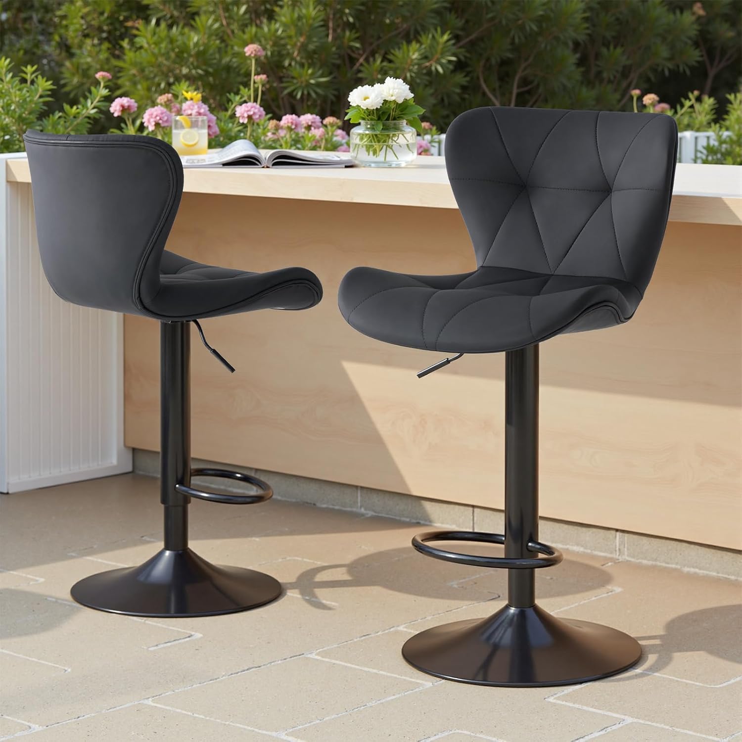 Sweetcrispy Modern Bar Stools Set of 4, Adjustable Faux Leather Upholstered Swivel Bar Stools, Counter Height Bar Chairs with Back for Kitchen Island, Black