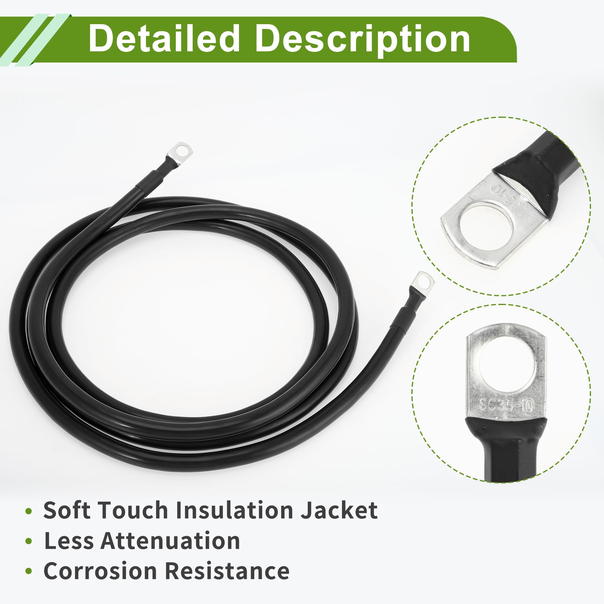 Uniwersalny kabel falownika akumulatora 3/8" z końcówką 2 AWG, długość 9 stóp, miedź cynowana, 1 sztuka, czarny