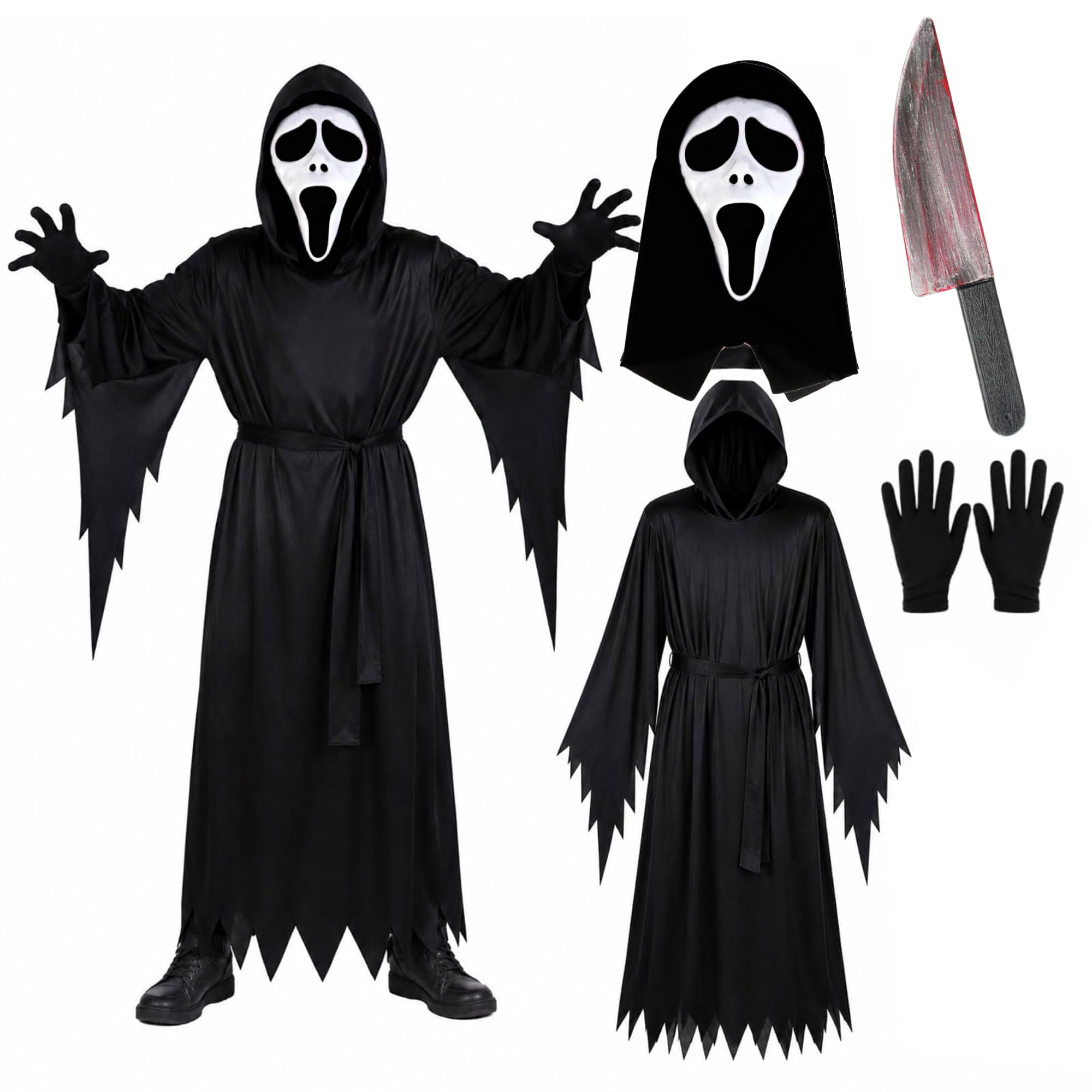 Adults Ghost Killer Face Costume, Scary Grim Reaper Costume Includes With Hooded Cloak, Gloves, Mask & Fake Knife Halloween Costumes Mens, 4 Pcs Set 2, XL