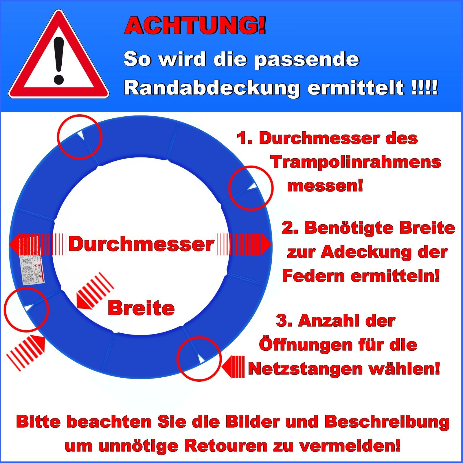 Trampolin Randabdeckung Ø 183 244 250 275 300 305 335 366 370 396 400 427 430 457 460 487 490 cm viele Farben uv-beständig Rahmenpolsterung Federnabdeckung Federabdeckung viele Ersatzteile