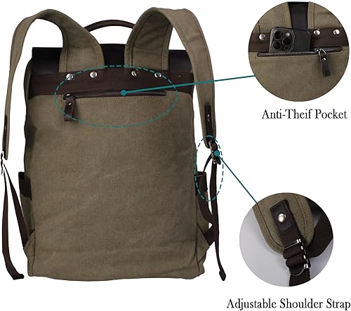 Miniatura 5 de Mochila de lona vintage con cuero de vaca de grano superior, bolsa de trabajo para portátiles de 16 pulgadas, Verde militar, Mochilas de viaje