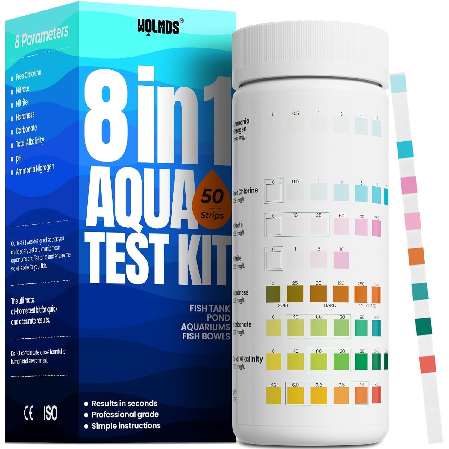 Bandelettes de test d'aquarium – Boîte de test d'eau 8 en 1 : tests rapides et précis pour l'eau douce et l'eau salée, 50 bandelettes pour mesurer le nitrite, l'ammoniac pour l'entretien