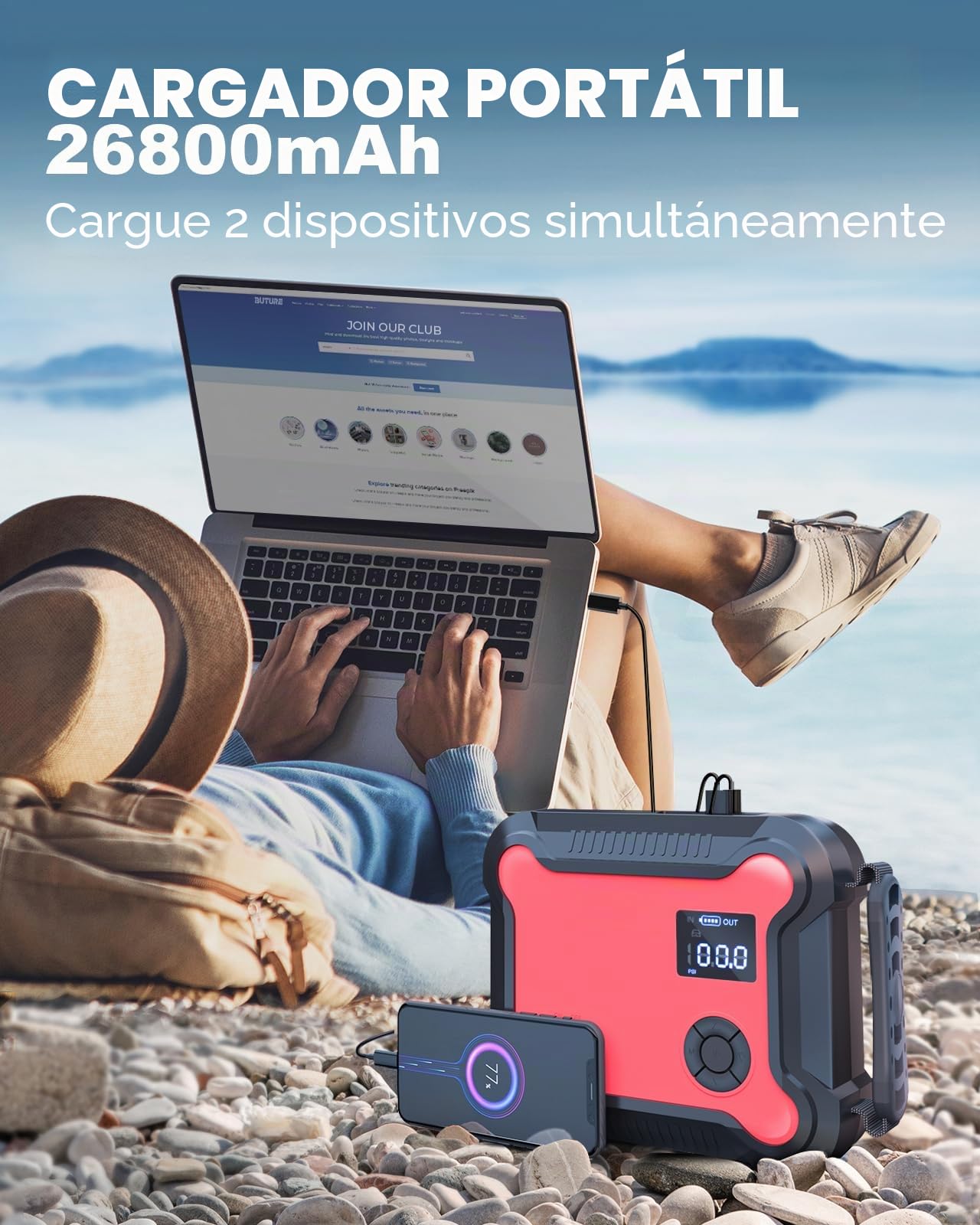 Buture Pro Booster Batería y Compresor de Aire Portátil 2500A, 23800mAh Arrancador de Coche (Todo Gas o 8,0 L Diesel), Inflador Eléctrico 150 PSI, 120 W Salidas DC y Luz de Emergencia