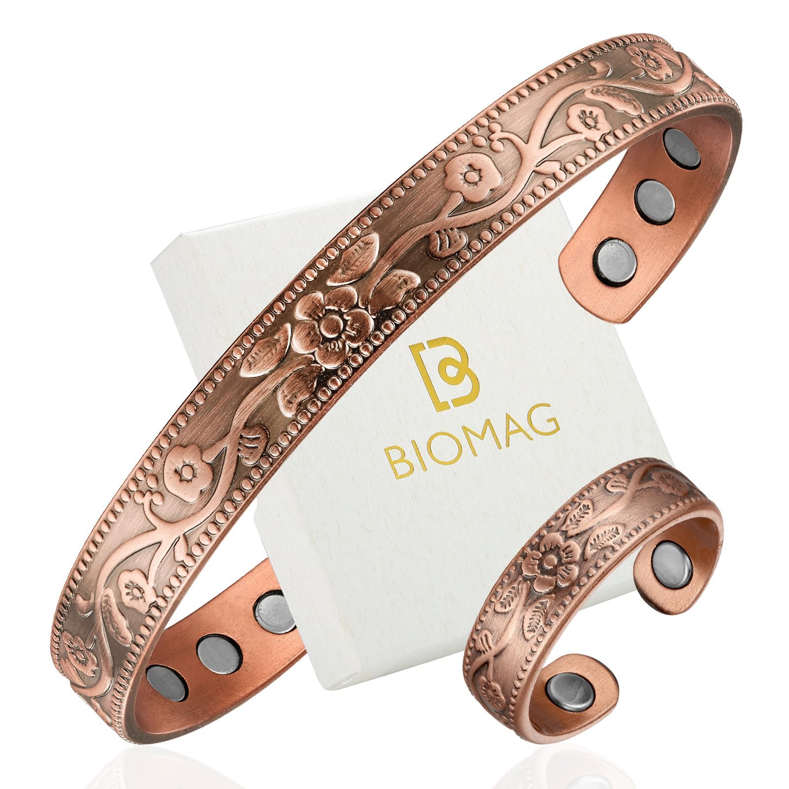 BioMag Bracelet magnétique en cuivre pour femme - Aimants 3800 Gauss - Réglable - Motif floral élégant (motif floral)