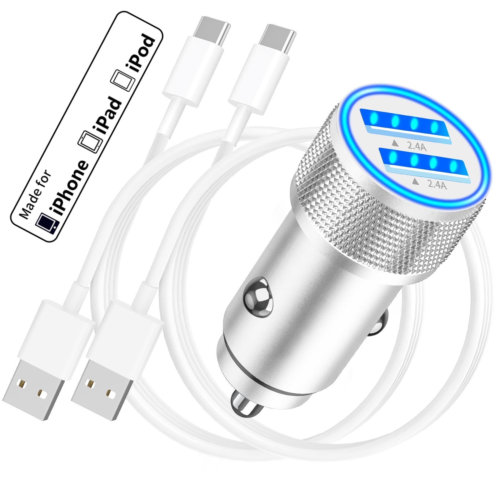 [Apple MFi Certified] iPhone 15 Fast Car Charger, BAOYUANDA 4.8A Dual USB A Ports Fast Power Car Charging Block with 2Pack Type C Cables Quick Charger for iPhone 15 Plus/15 Pro/15 Pro Max/iPad/Aipods