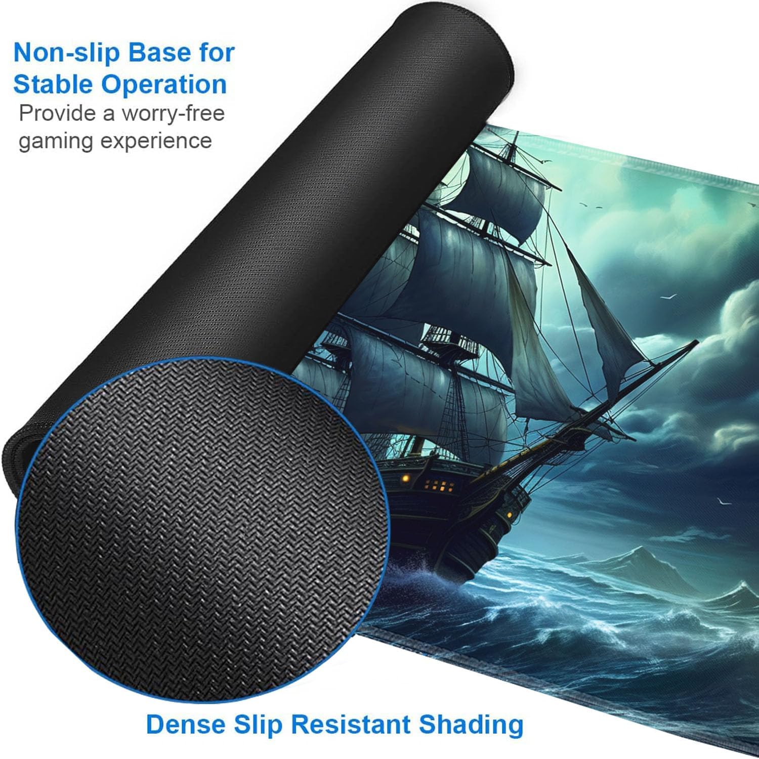 for MTG Playmat + Drawstring Travel Pouch + 6 Dice Counter, for Tabletop Trading Card Game Playmats or Mouse Pad, Anti-Slip Rubber 24 x 14 in, Pirate Ship for TCG Playmat