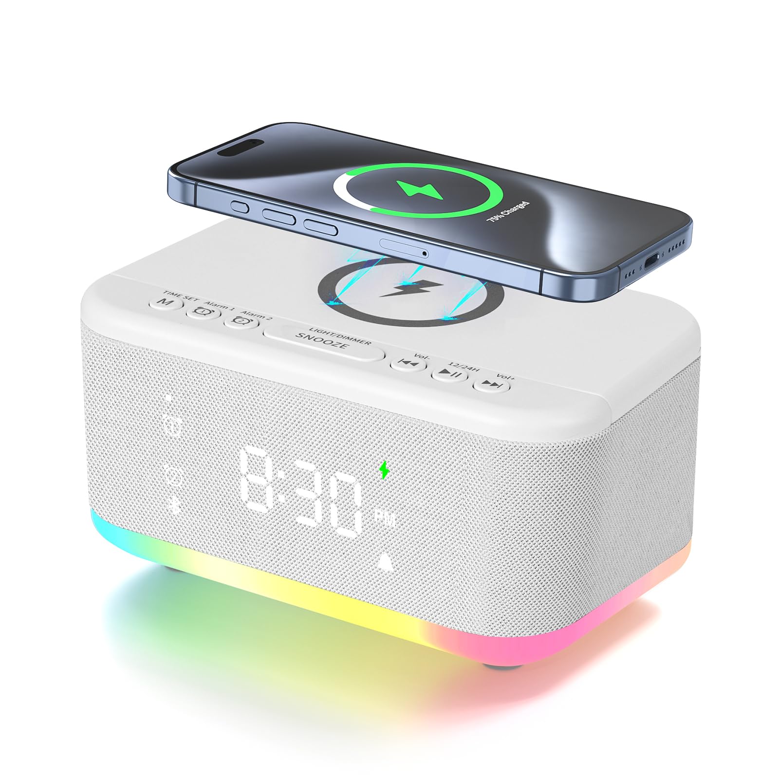 Broserengy Wireless Charging Alarm Clock Bedroom Loud Digital Alarm Clocks Bedrooms Alarm Clock Night Light Speaker 8W Snooze