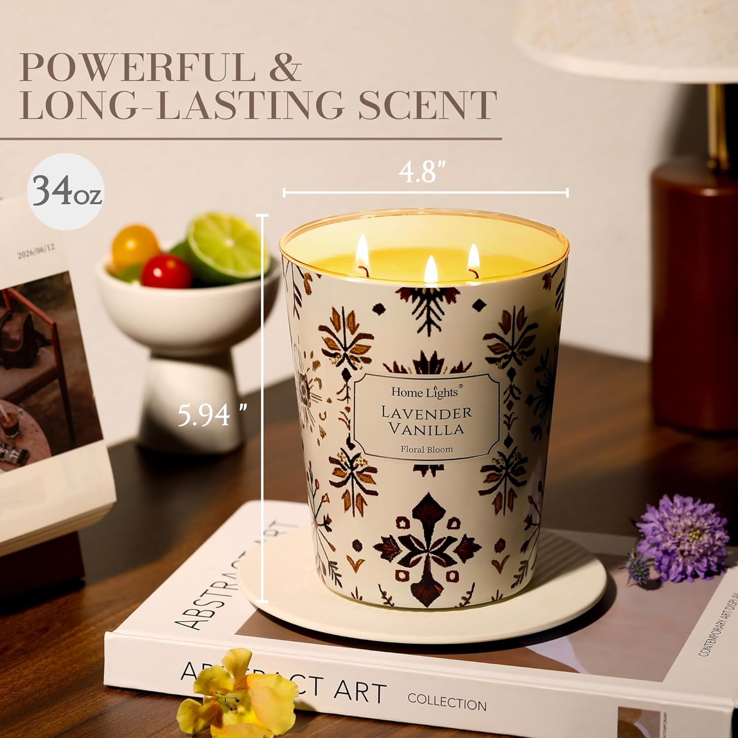 HomeLights Scented Candles | Large Jar 34 Oz Natural Soy Candle | 130 hrs Long-Lasting with 3 Wicks | Bohemian Natural for Home Decor | Gifts for Mom & Women, Lavender Vanilla - Image 2