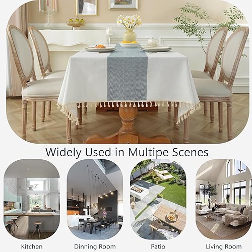 Miniatura 5 de Mantel para mesa de comedor, estilo rústico de granja, cocina, sin arrugas, mantel rectangular de tela de lino de algodón, color beige, rayas