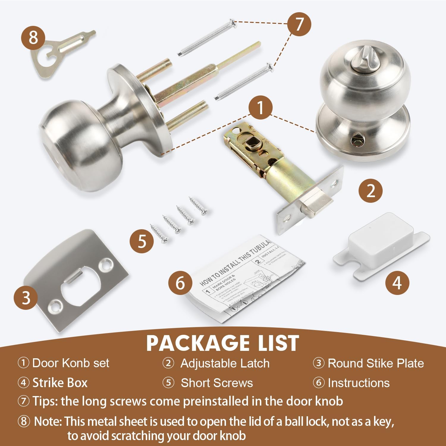 Privacy Door Knobs, 10 Pack Satin Nickel Door Knobs with Lock, Bed and Bath Door Knob Interior Keyless Locksets, Round Door Handles Reversible for Left Right Handed Doors