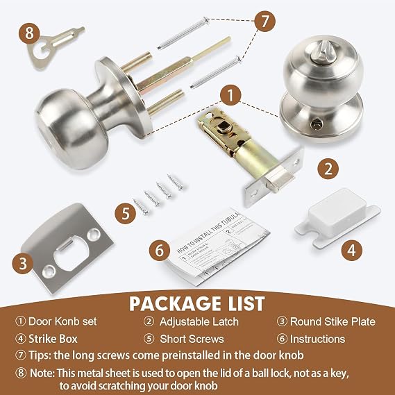 RAZCC Privacy Door Knobs, 1 Pack Satin Nickel Door Knobs with Lock, Bed and Bath Door Knob Interior Keyless Locksets, Round Door Handles Reversible for Left Right Handed Doors