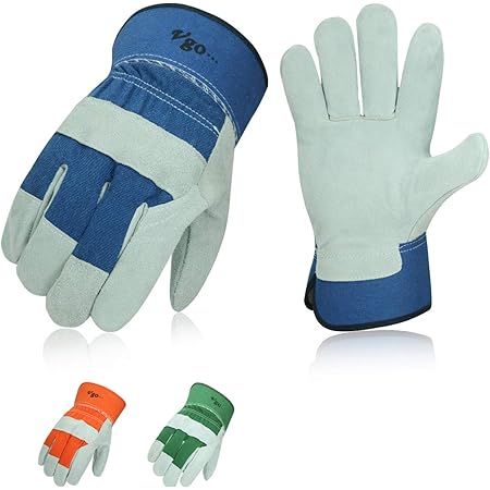 Vgo 3-Pairs Safety Leather Work Gloves Men, Gardening Gloves, Rigger Gloves, Builder Gloves (Size XL, Blue&Orange&Green, CB3501)