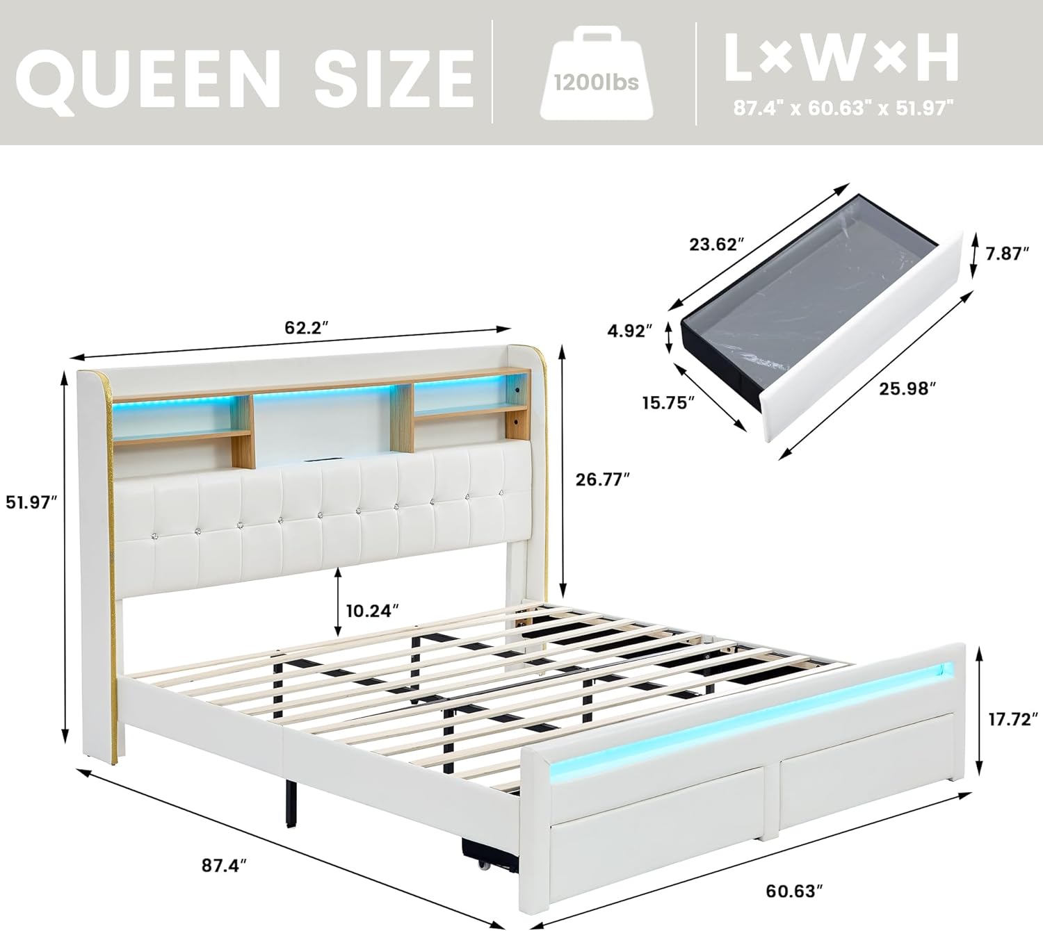 Torana Queen LED Bed Frame with Storage Headboard and Charging Station, 52" Tall PU Diamond Tufted Upholstered Wingback Bookcase Bedframe with 2 Drawers, Heavy Duty Wooden Slats Support, White