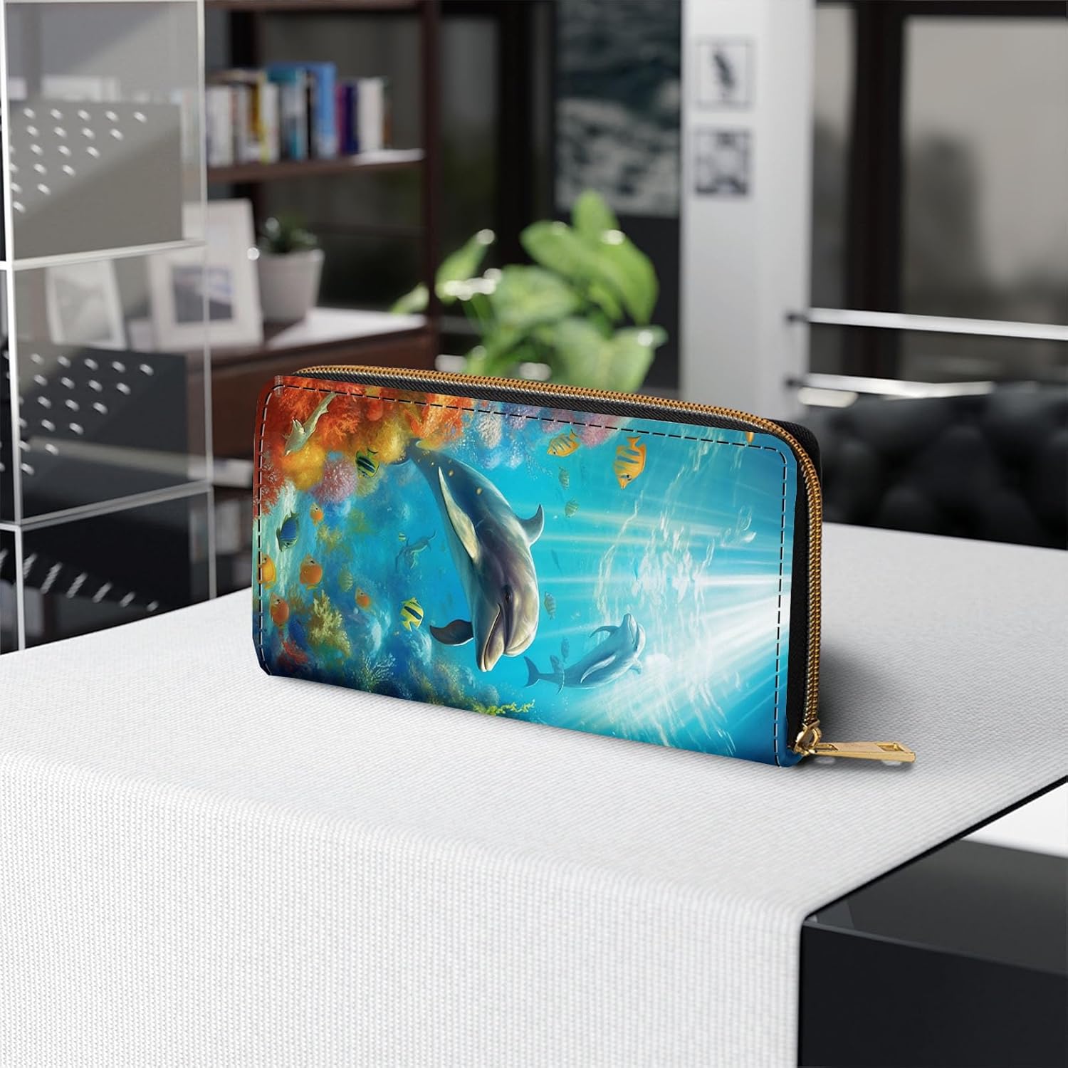 Womens Wallet,RFID Blocking Large Capacity Clutch,Zip Around Leather Purse with 8 Card Slots,Bill Compartments Coin Pocket - Dolphins - Image 4