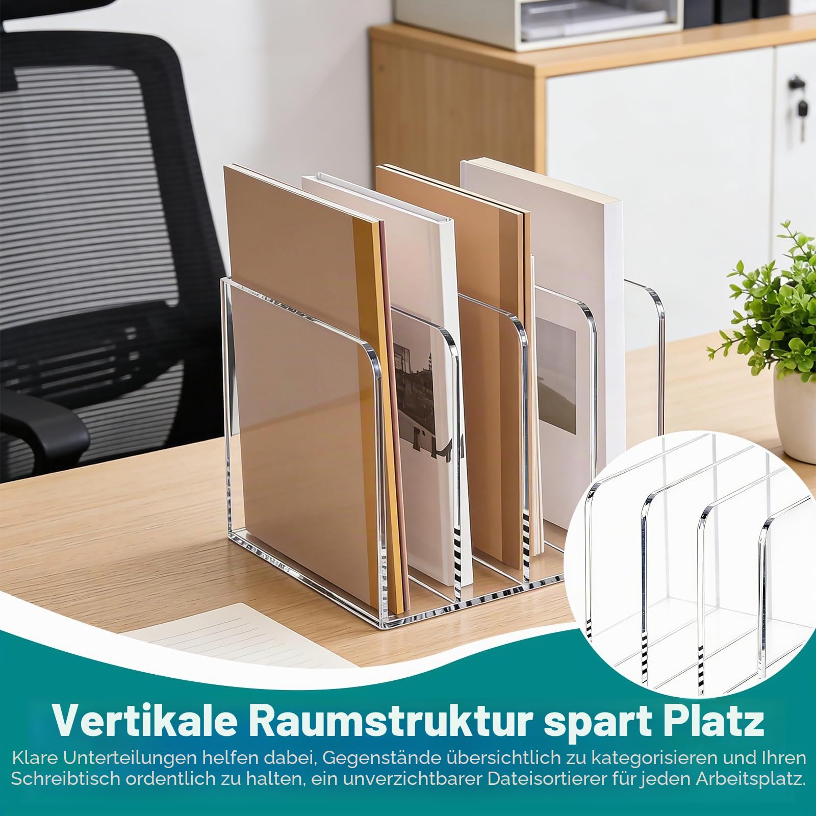 Acryl Zeitschriftensammler, Transparenter Stehsammler Zeitschriftenständer mit 4 Fächer Magazinhalter für Schreibtisch Post Dokumenten Buch Organizer (21 x 18,5 x 16 cm)