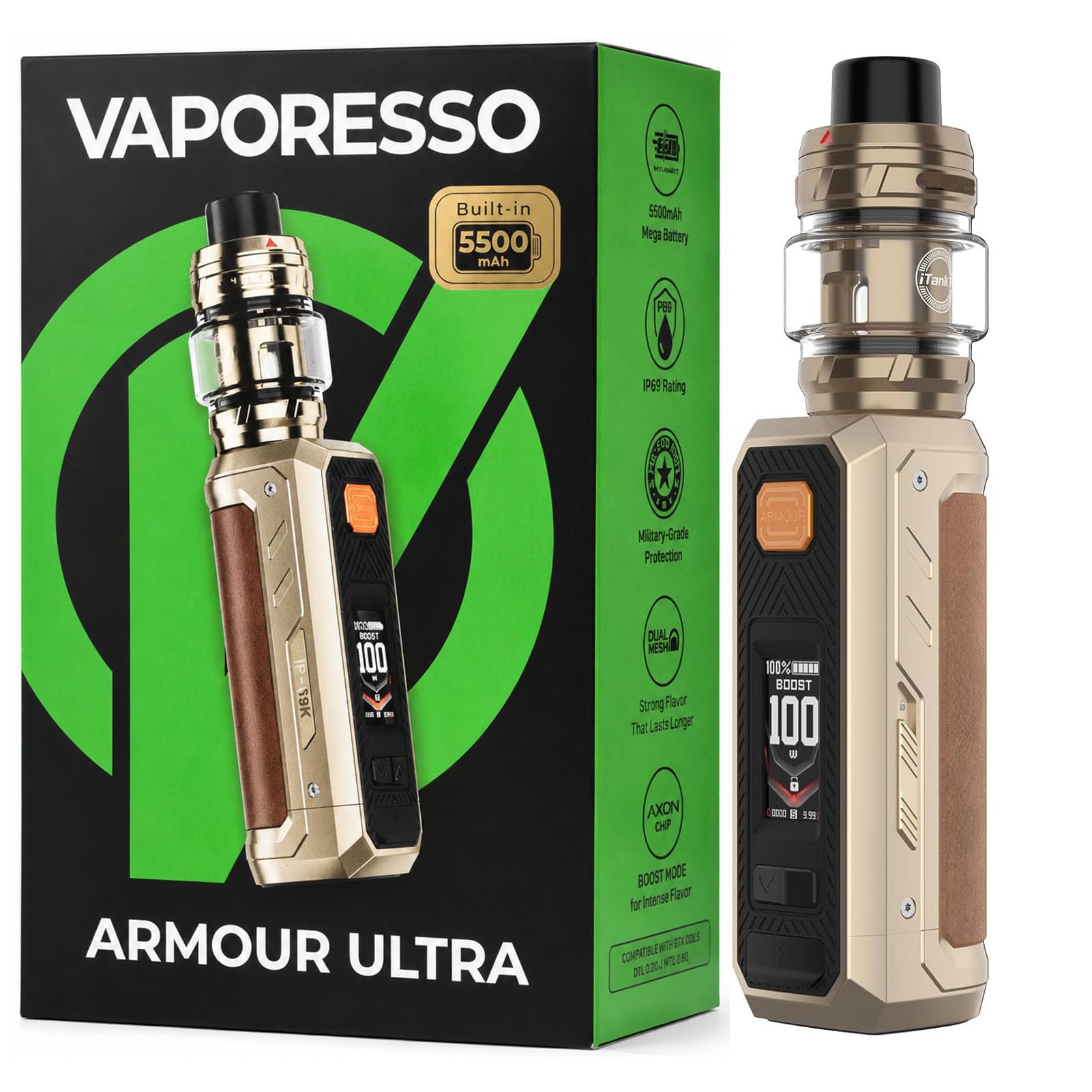 Vaporesso Armour Ultra Kit Built in 5500mAh Battery | 100W Tri-Proof Box MOD 510 thread | 6ml Slide-open Itank T (dual mesh coil) DTL Vaping (Or dune)