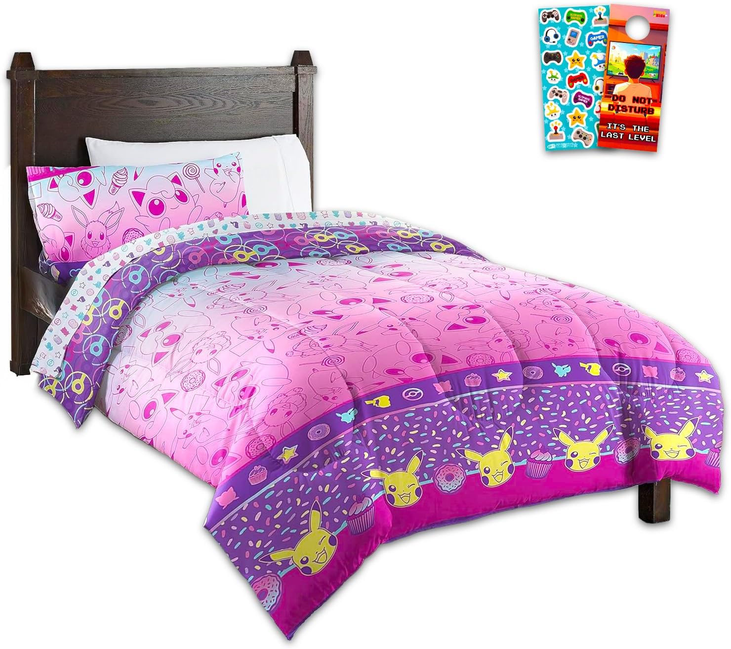 Pokemon Twin Bedding Set for Girls - Bundle with Twin Size Reversible Bedspread, Flat Sheet, Fitted Sheet, Pillowcase, Stickers, More | Pokemon Pikachu Bed in a Bag Room Decor Set