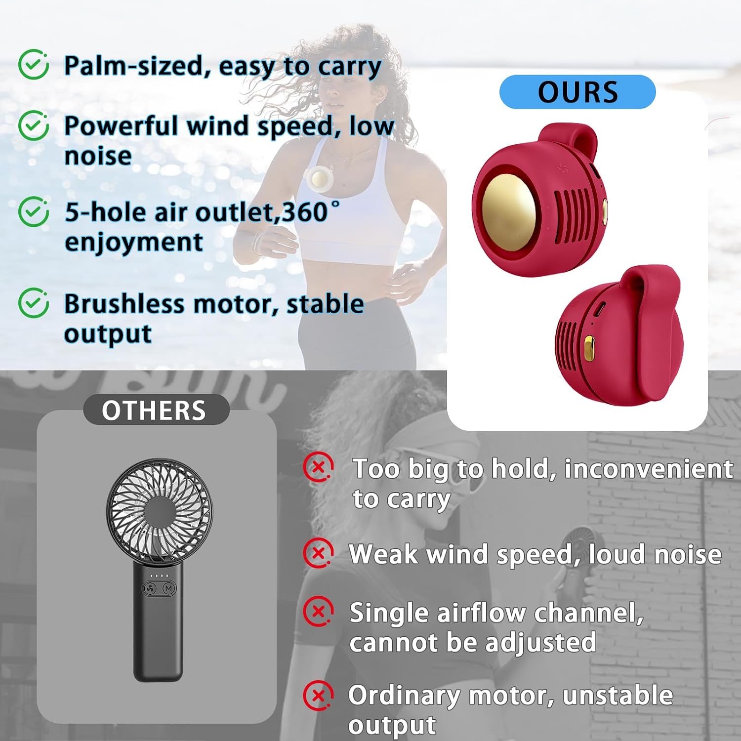 Portable Clip-On Fan, Mini USB Rechargeable 360° Rotatable Fan, Personal Fan 3-Speed Silent Mini Bladeless Fans (1 pack（Red）) thumbnail
